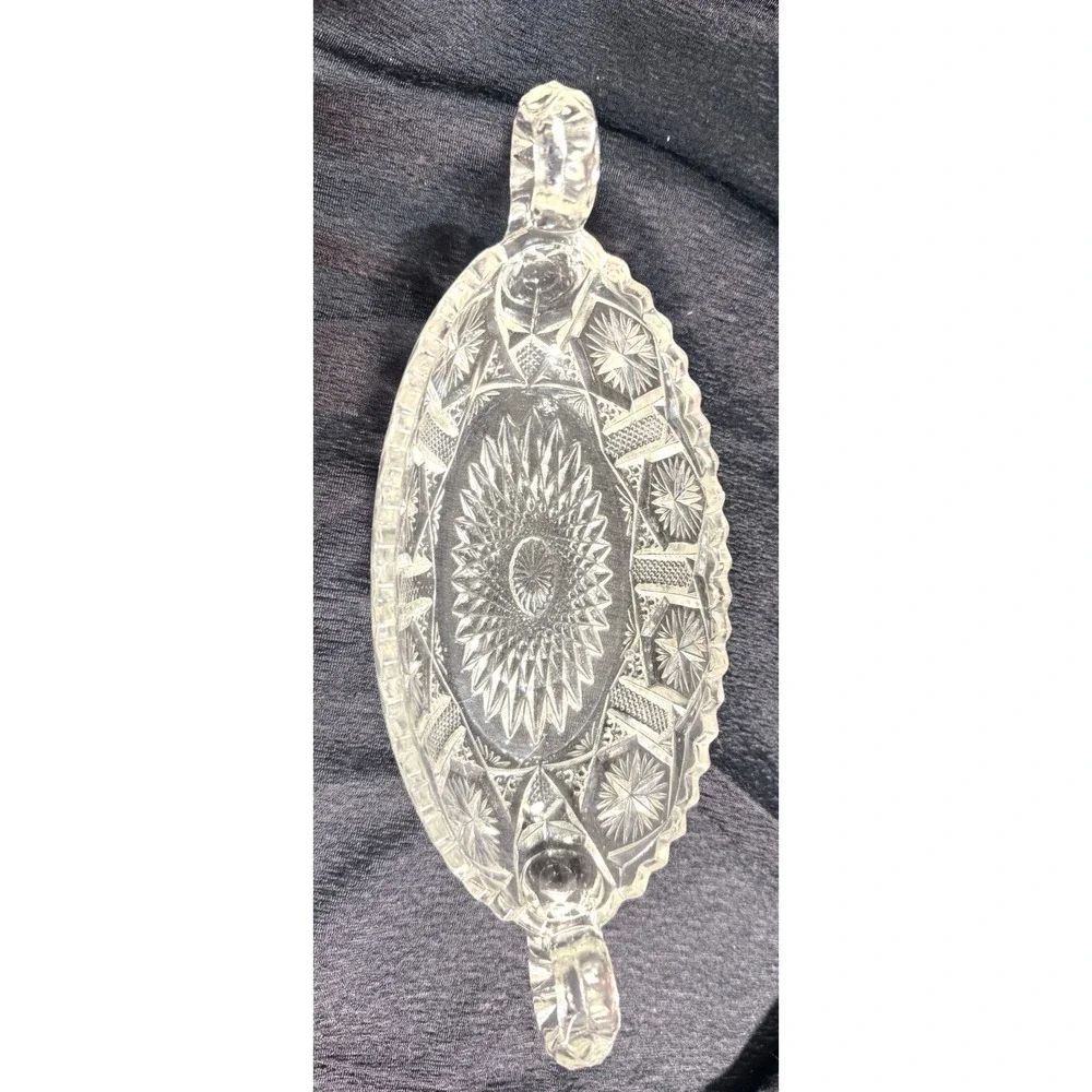 VTG Cut Glass Handled Serving‎ Dish Oval Starburst Pattern (2670)